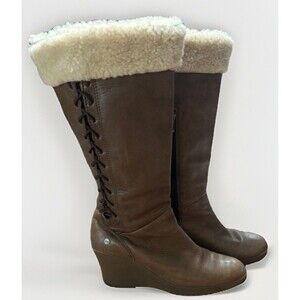 Ugg Boots Shearling Leather Brown Sheepskin Mid Calf Laces Platform Wedges Sz 10